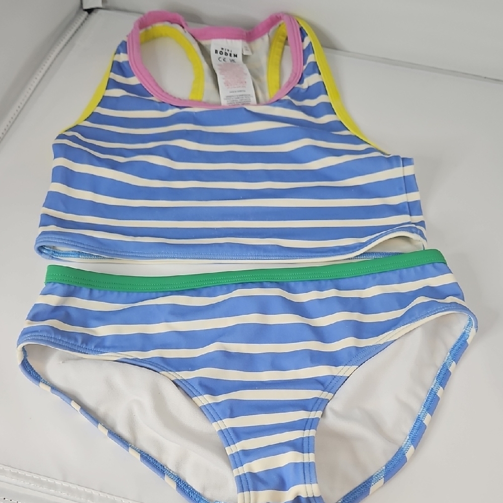 Boden Blue and White Striped Bikini with Pink and Yellow Accents
